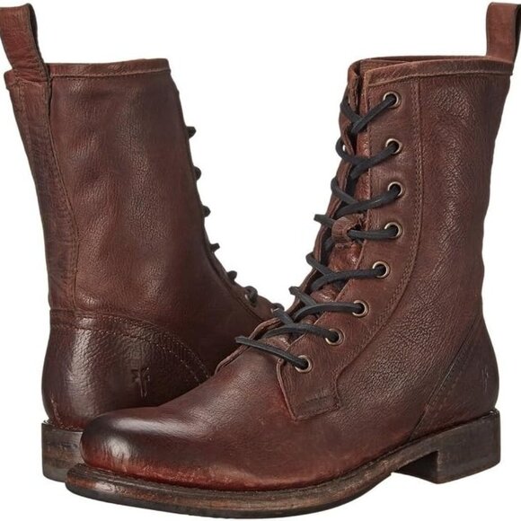 Frye Jenna Leather Combat Boot Dark Brown Stone Antiqued 9.5 B Classic Punk - Picture 1 of 10